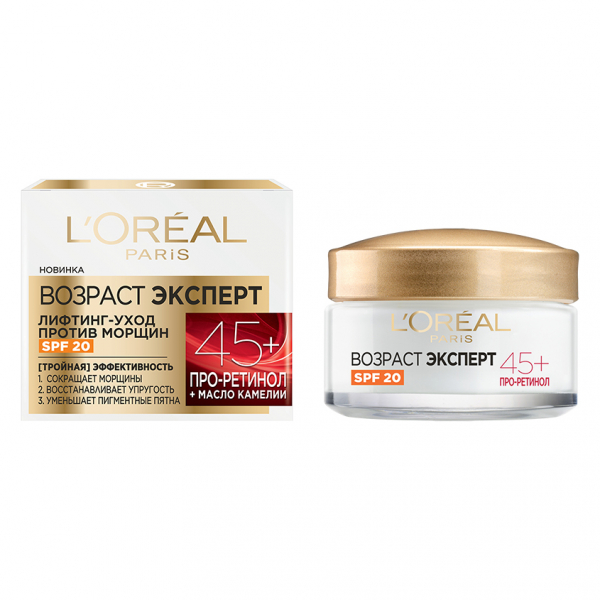 Крем для лица `LOREAL` `ВОЗРАСТ ЭКСПЕРТ` лифтинг-уход против морщин SPF20 45+ (про-ретинол и масло камелии) 50 мл